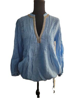 NWT! 120% Lino Medium Blue Beaded Linen Blouse - 42 (S)